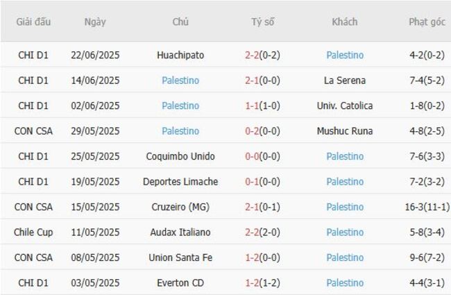 Thành tích gần đây của Palestino